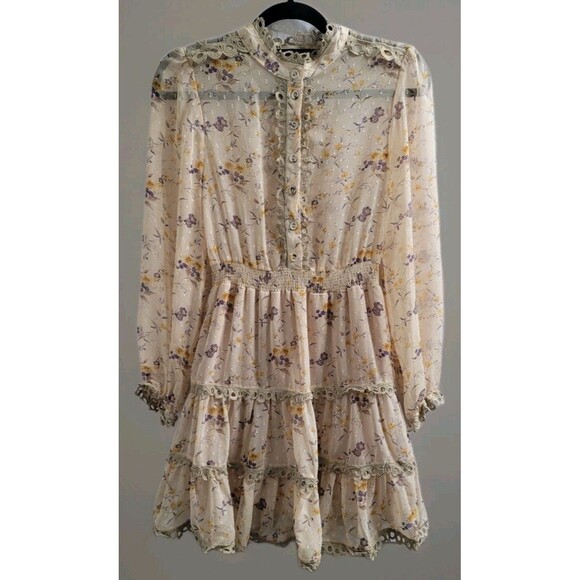THE SHIRT ROCHELLE BEHRENS XS Sheer Beige Blue Floral Ruffle Trim Mini Dress - Picture 1 of 11